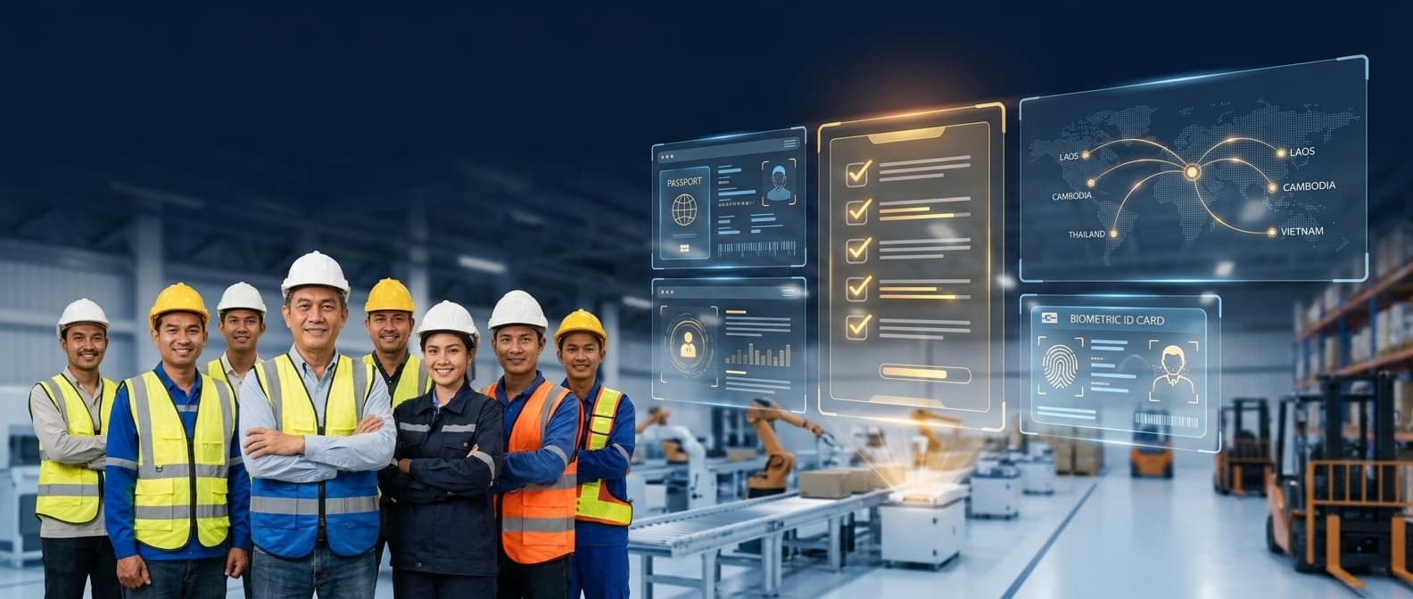 ทีมแรงงานต่างด้าวมืออาชีพในโรงงาน พร้อมระบบเอกสาร work permit ดิจิทัล — ฟาสท์ แอนด์ อีซี่
